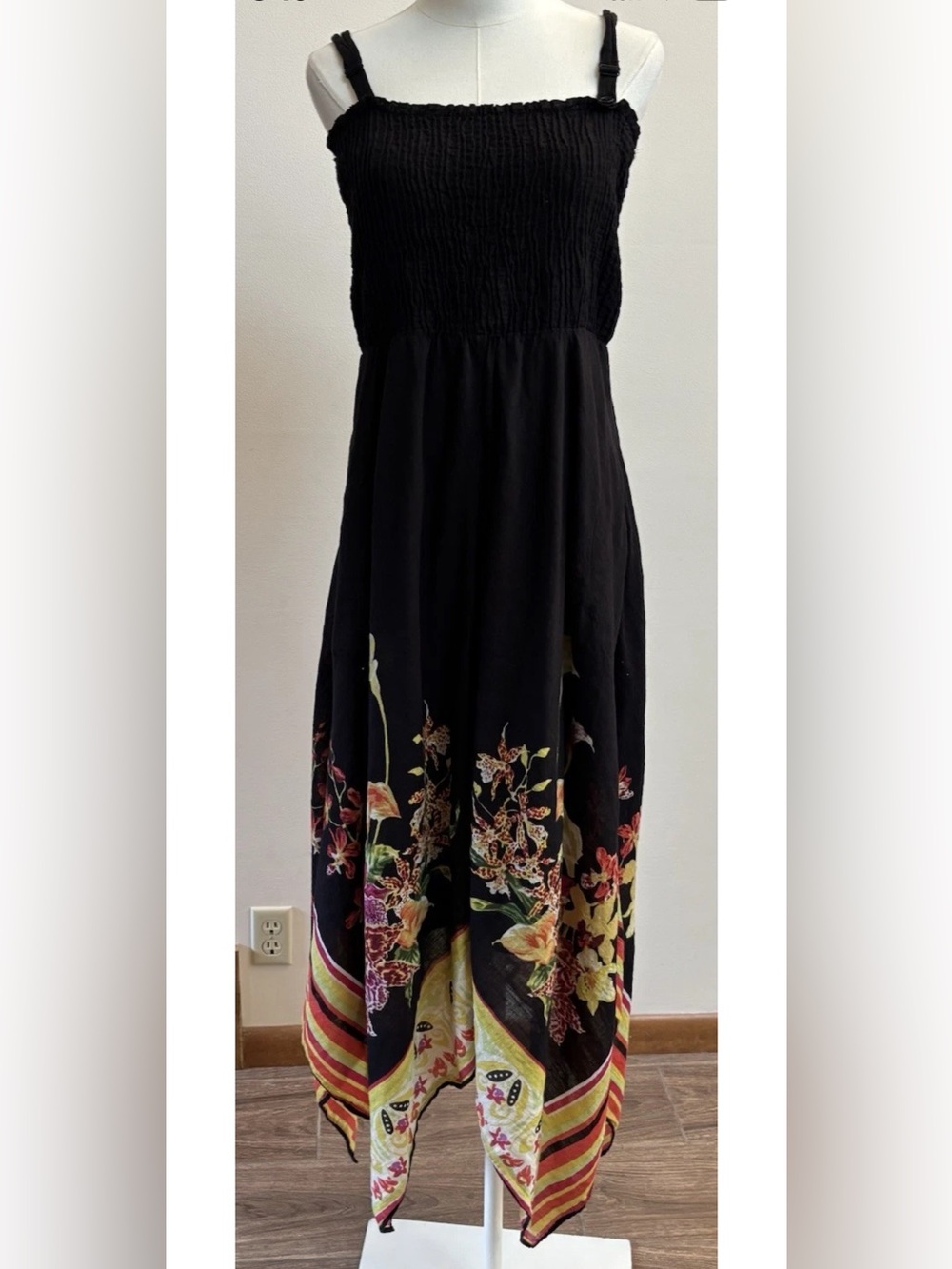 Soft Surroundings Floral Handkerchief Hem Maxi Dress Black Cotton L